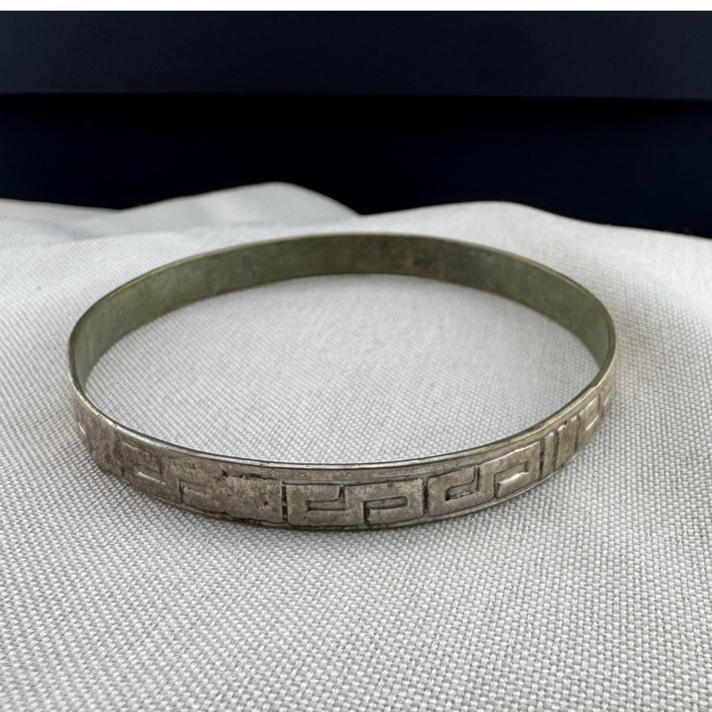 Vintage Mexico Bangle Bracelet Greek Key Silver Tone Fret Pattern 8.25"